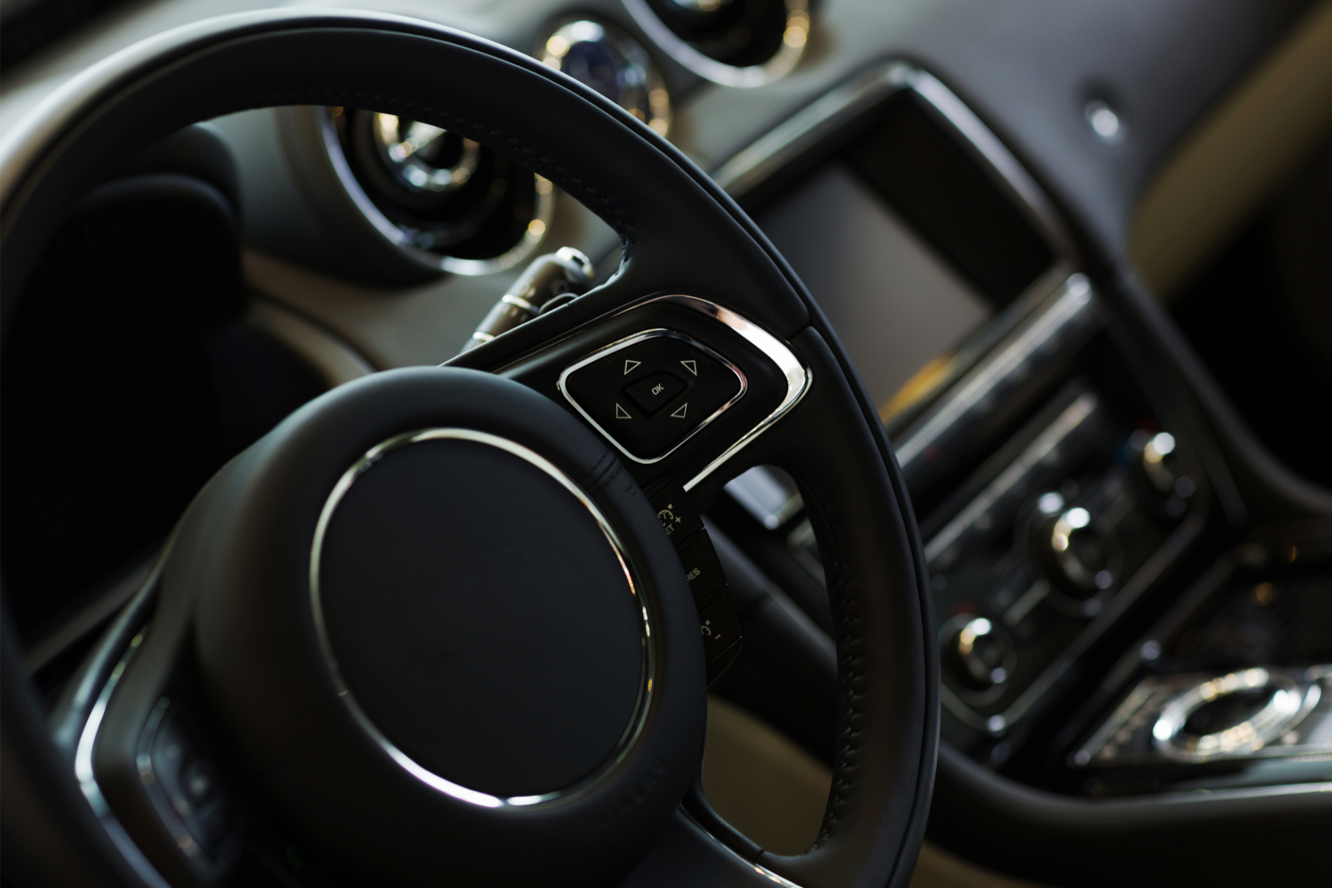 Black leather car steering wheel with silver accents and dashboard.