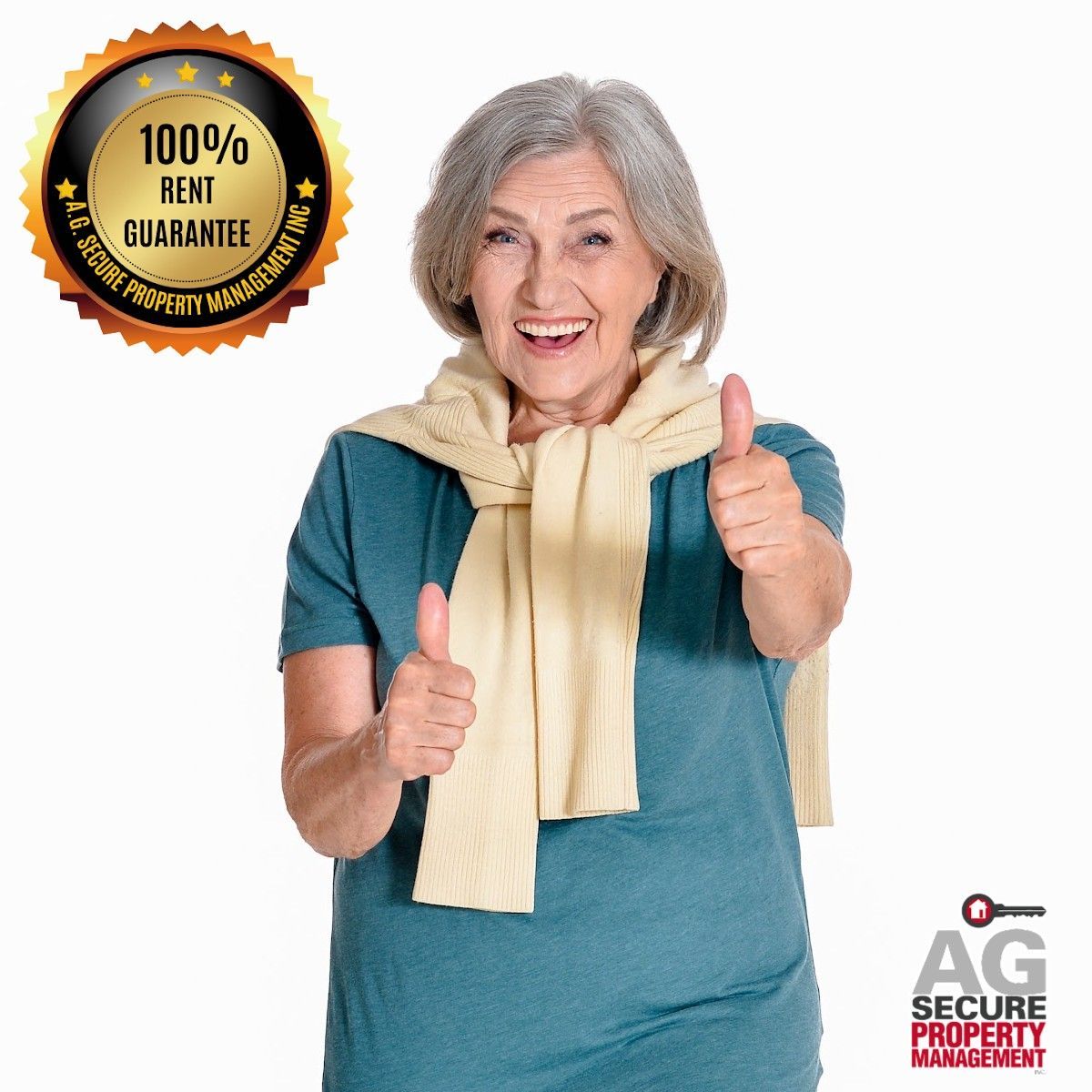 Happy senior woman giving thumbs up; rent guarantee logo in corner.
