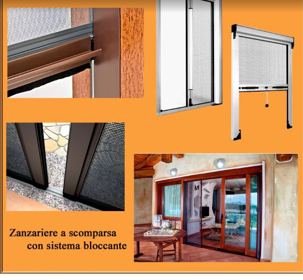 Collage di zanzariere a scomparsa su finestre e porte scorrevoli con cornici marroni su sfondo arancione