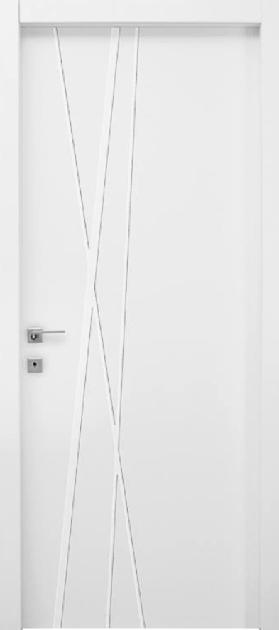 Porta interna moderna bianca con maniglia argentata e design geometrico a linee diagonali.