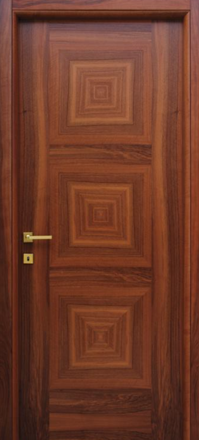 Porta d'ingresso in legno con pannello quadrato e maniglia in ottone.