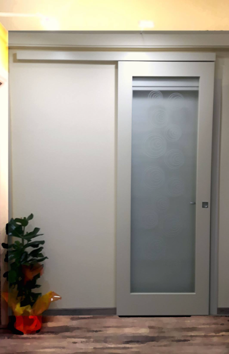 Una porta scorrevole dell'armadio accanto a una porta in vetro satinato, con una piccola pianta in vaso sul pavimento.