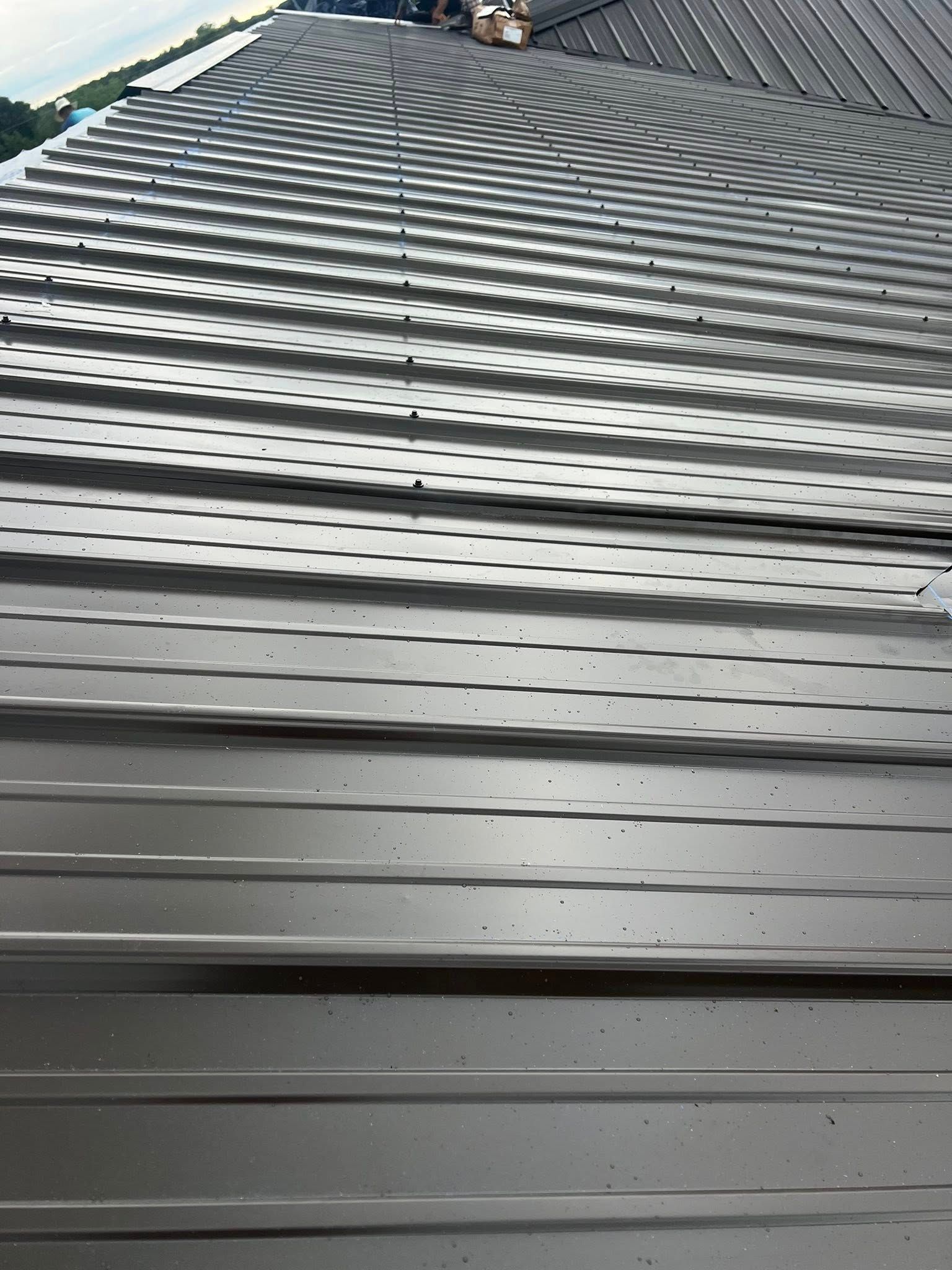 A close-up, high-angle shot of a gray, ribbed metal roof showing rows of fasteners and repeating textured patterns.