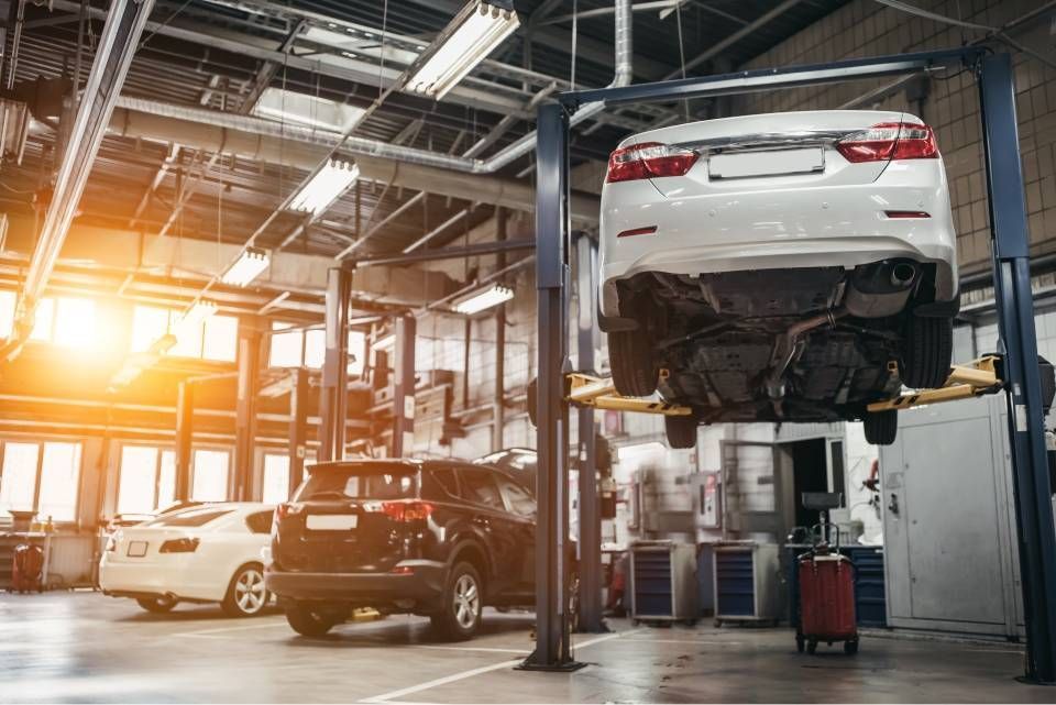 Car service shop with cars on lifts and sunlight streaming through the windows
