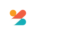 Abstract logo with orange circle and red and teal diagonal shapes on a white background