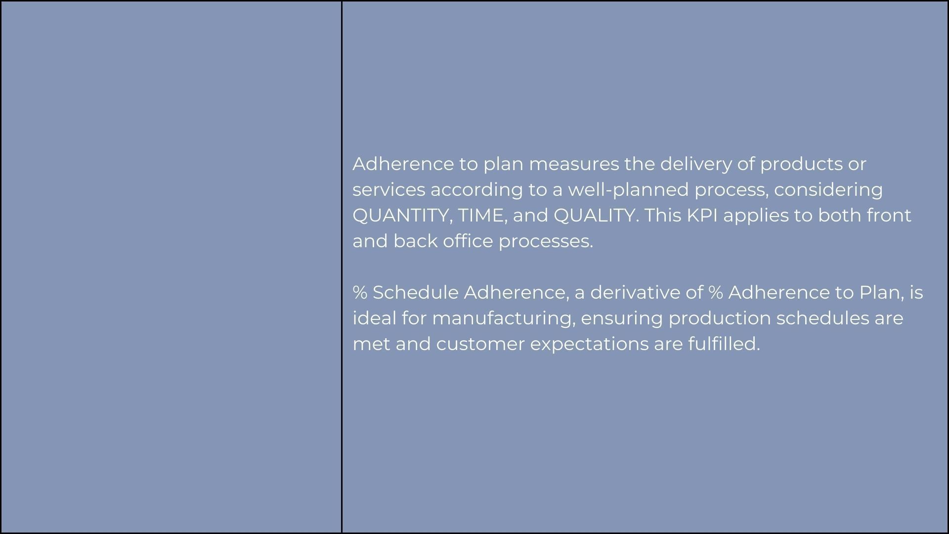 Text on a blue background: Adherence to plan measured the delivery of products or services. Considering quantity, time, and quality. It applies to both front and back office processes.