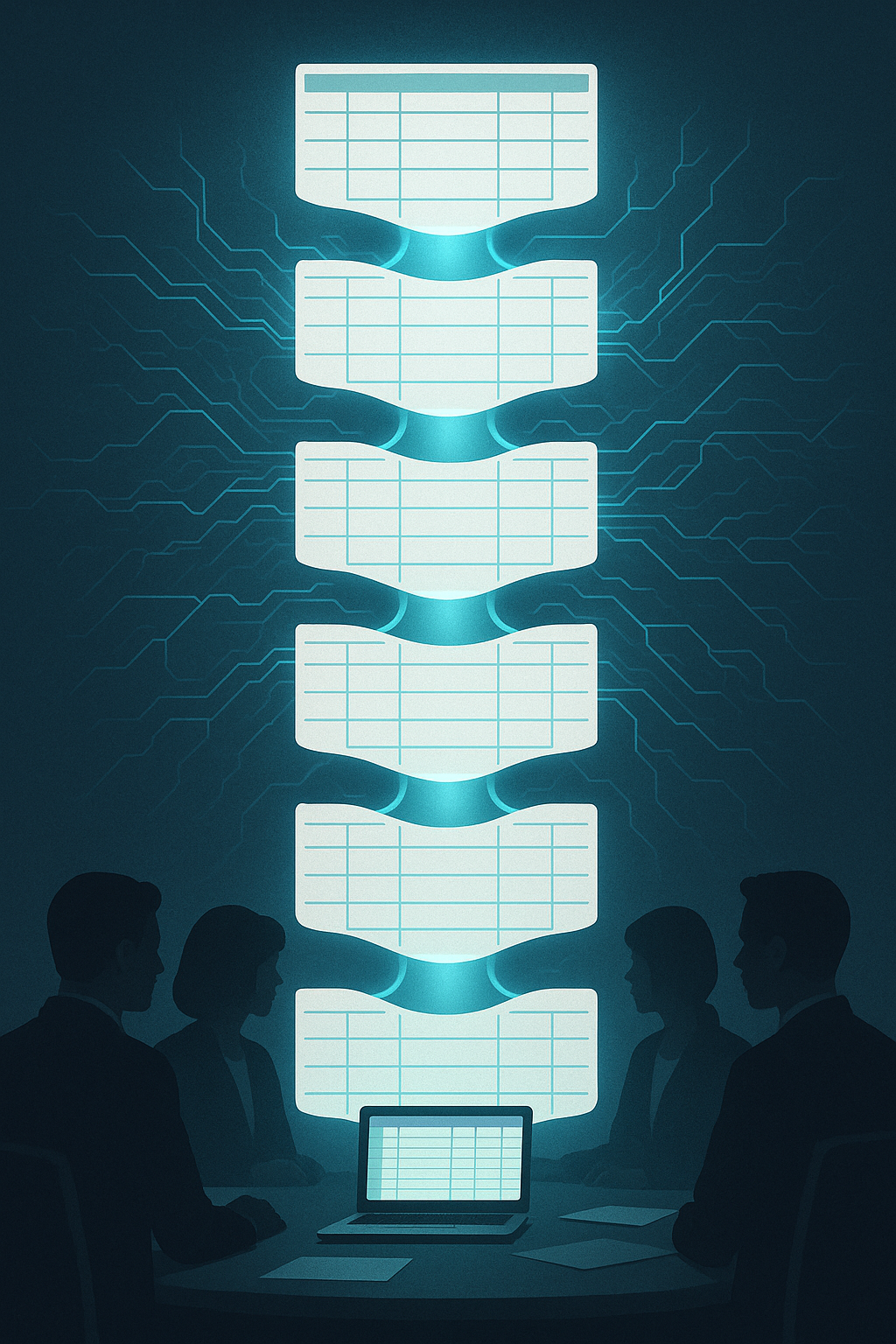 Silhouetted people at a table view data stream as screens cascade above. Blue glow, futuristic meeting.