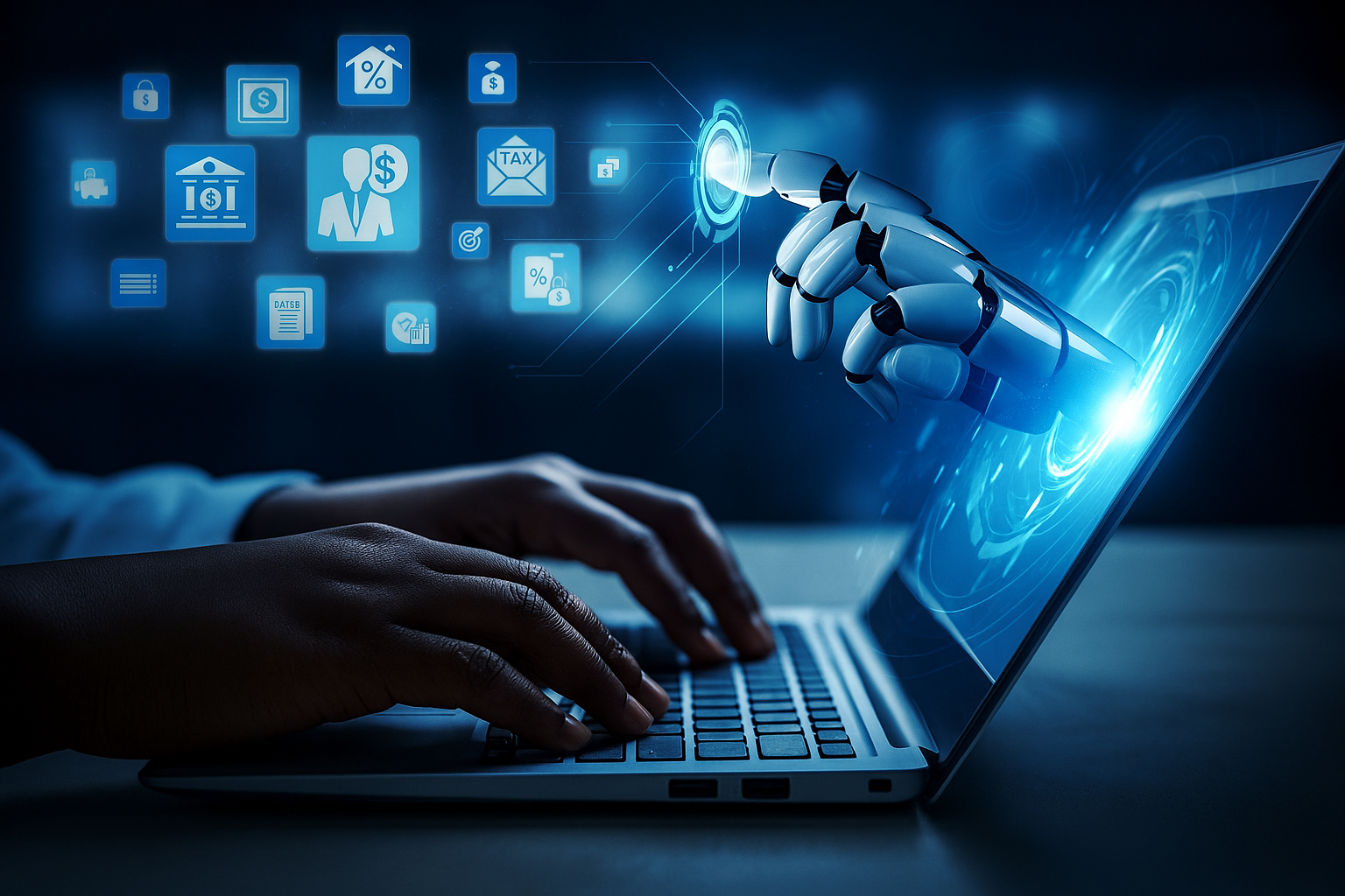 A person typing on a laptop with a robotic arm emerging from the screen with digital icons.