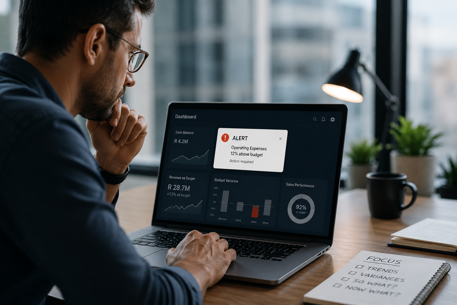 Finance professional reviewing automated alerts on a dashboard to support real-time decision making 
