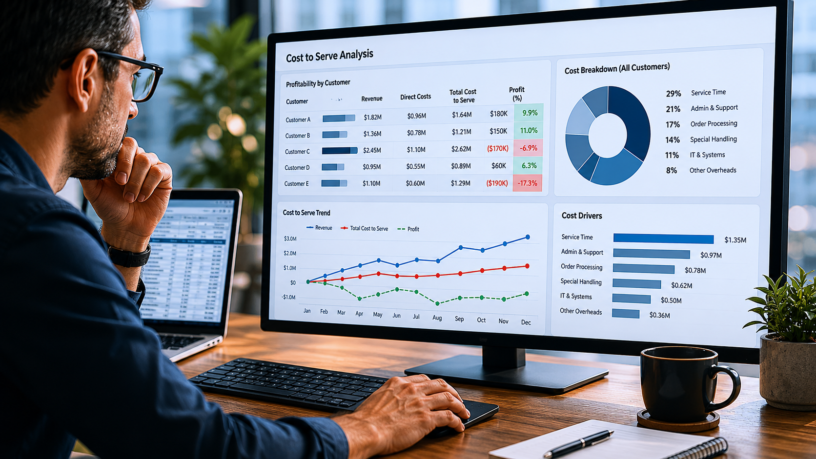 Finance professional analysing cost to serve and profitability data