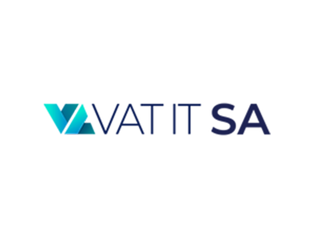 Logo for VAT IT SA, turquoise and blue angled lines spelling "VAT IT" next to "SA" in dark blue.
