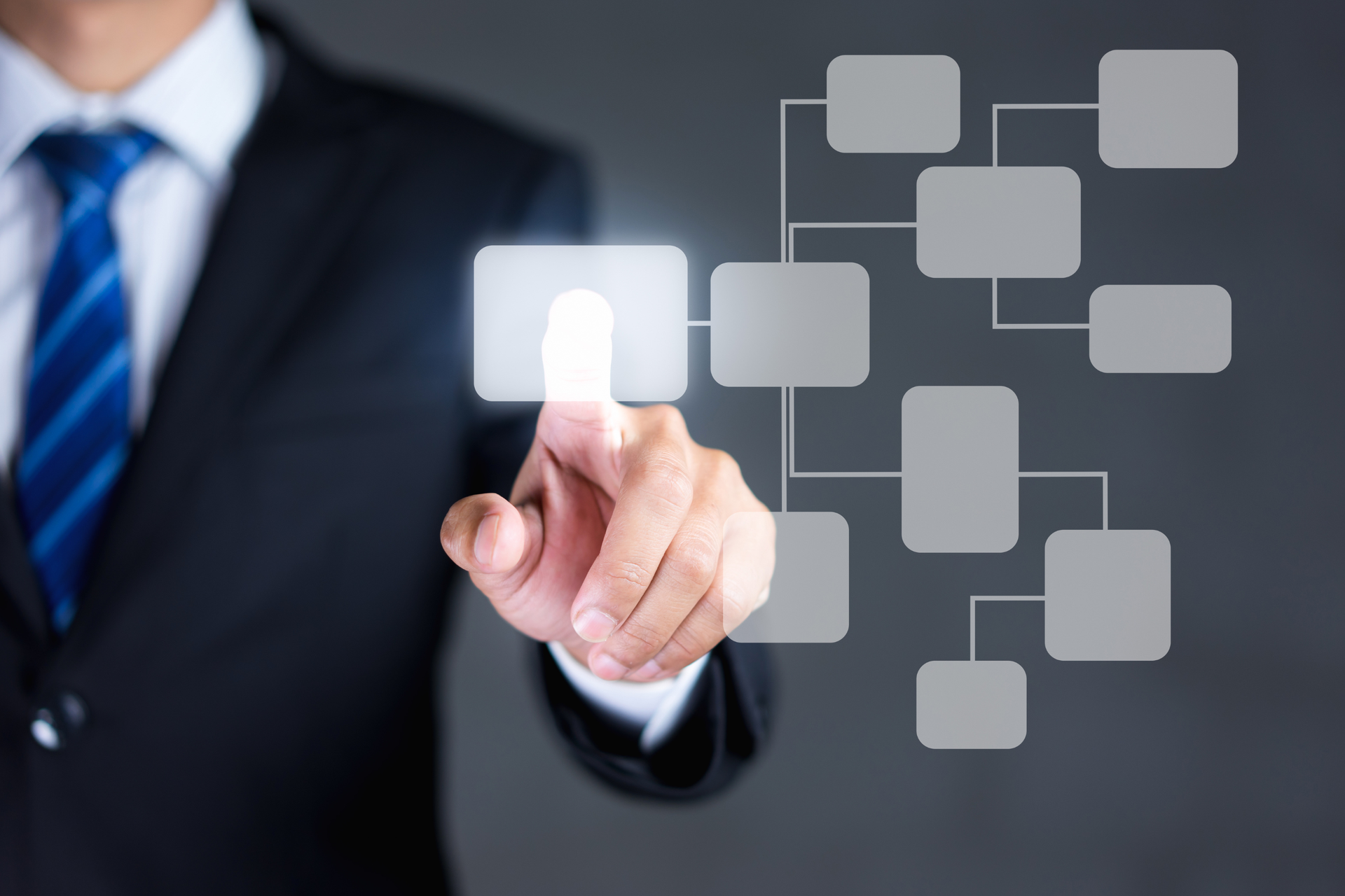 Person in suit pointing finger at glowing button on a flowchart graphic.