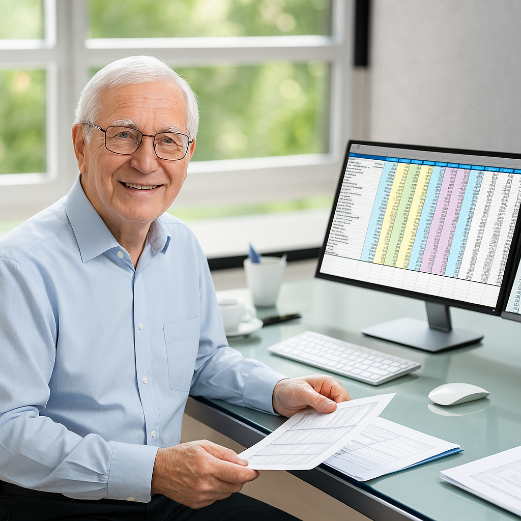 Man in glasses smiles at desk with computer, holding paperwork.