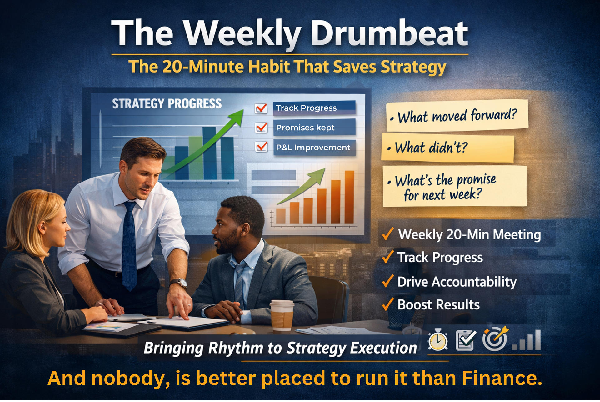 Business professionals discussing strategy progress, with charts and key takeaways.