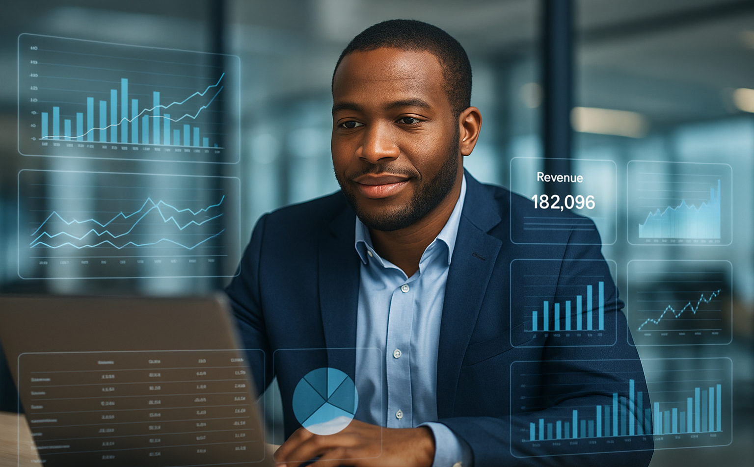 Man in suit using a laptop, with data visualizations overlaid. Office setting, focused expression.