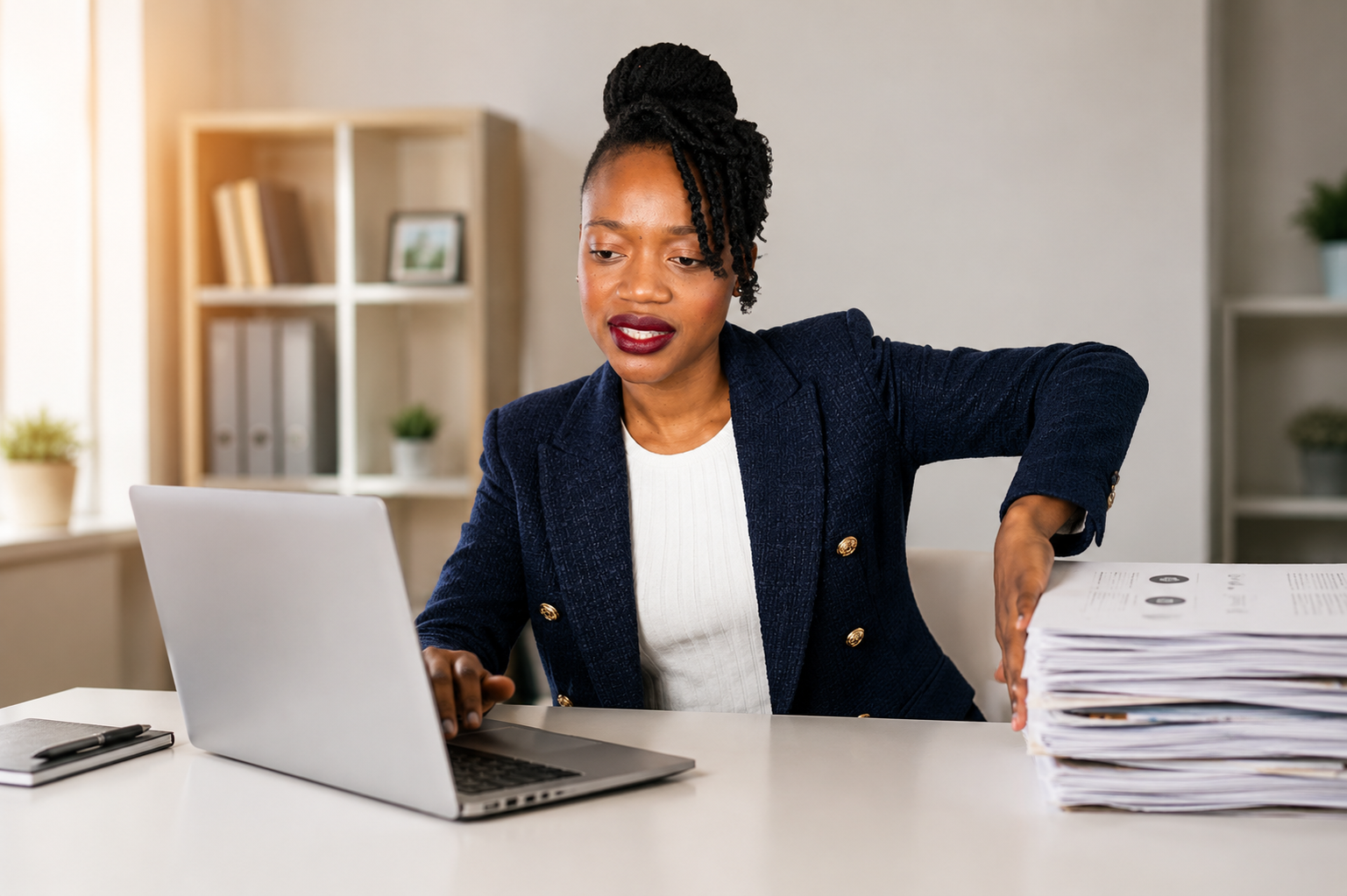 Finance professional reviewing data while managing paperwork, shift from manual processes