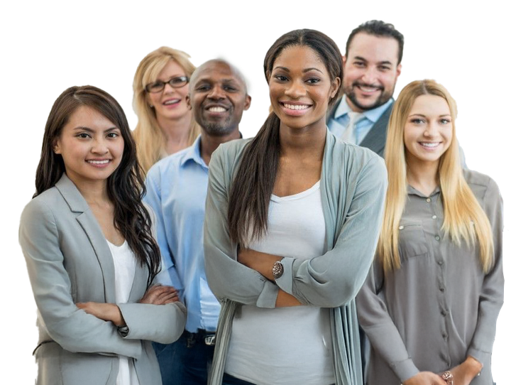 Group of smiling people with diverse skin tones, posing together.