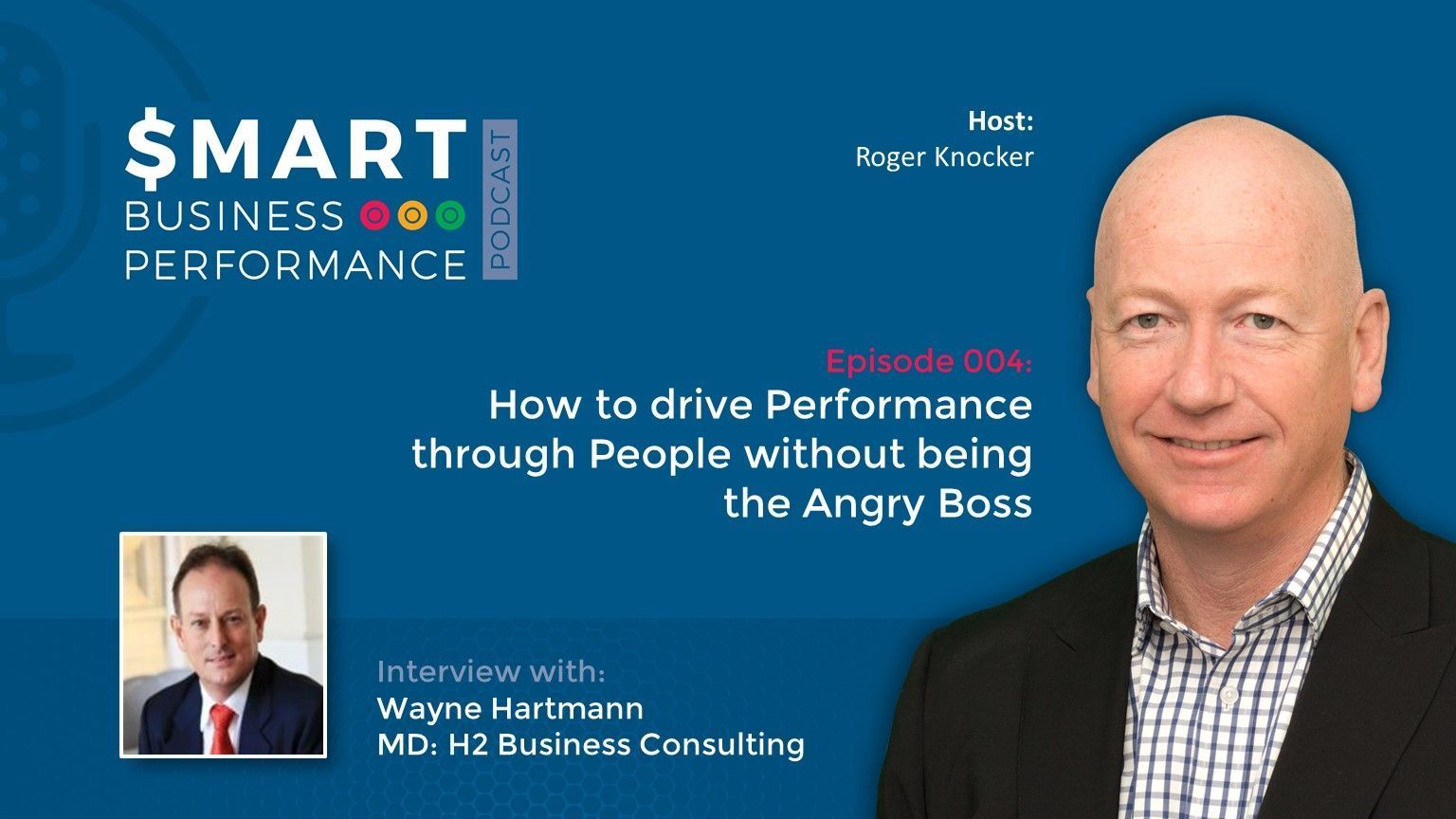 Podcast graphic: Man in suit smiles, title