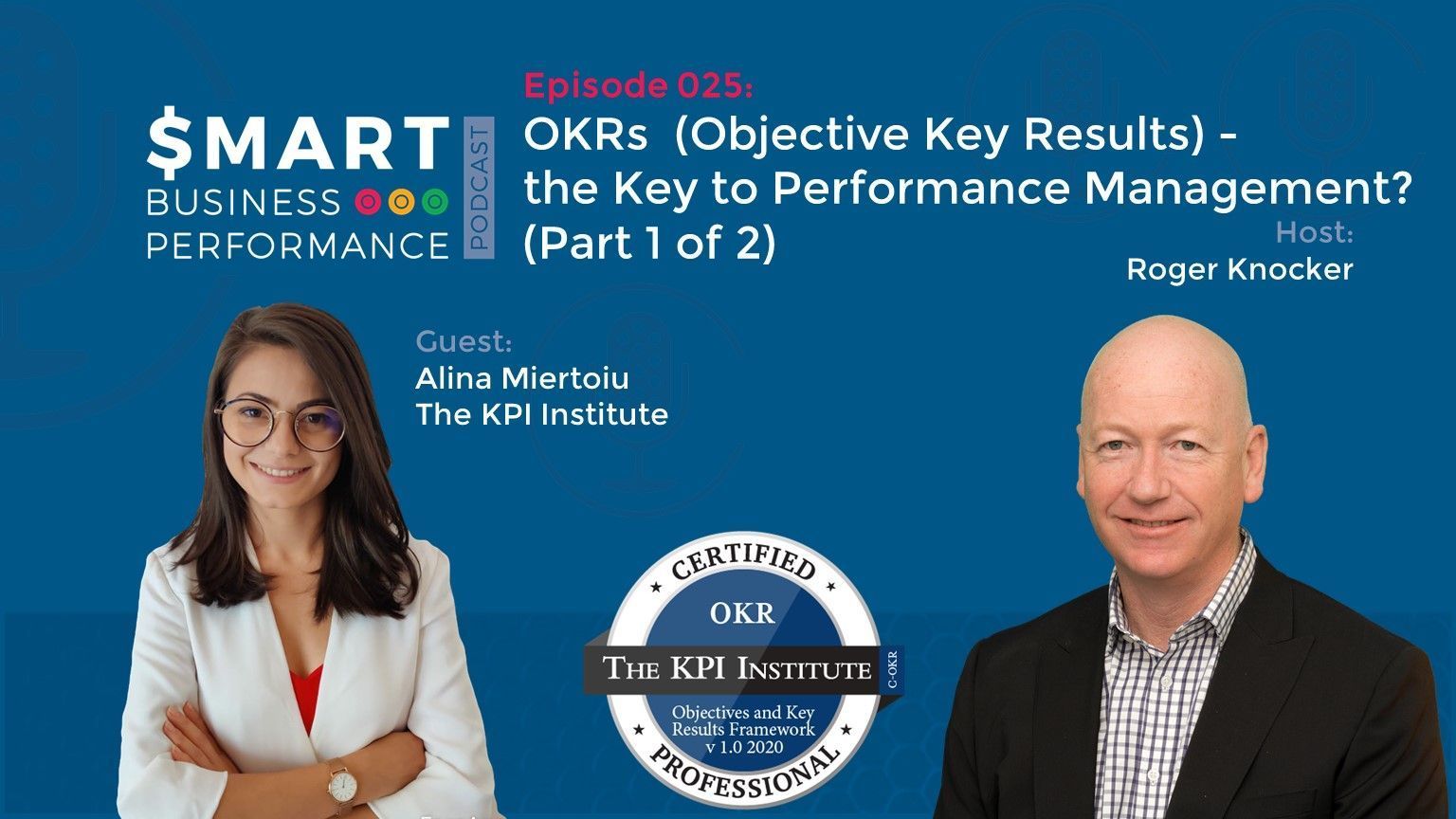 Podcast cover art: Host Roger Knocker with guest Alina Miteva discussing OKRs. Blue background.