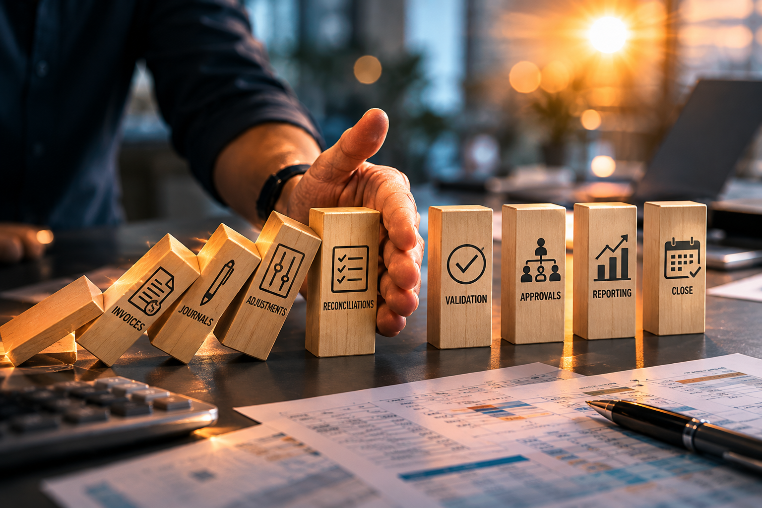 Finance reconciliation process visualised as domino blocks.