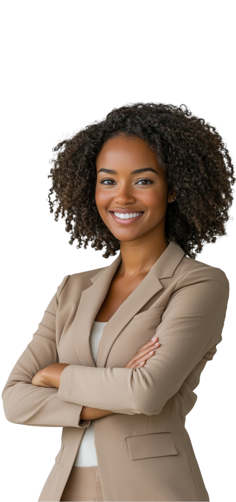 Woman in beige suit, arms crossed, smiling.