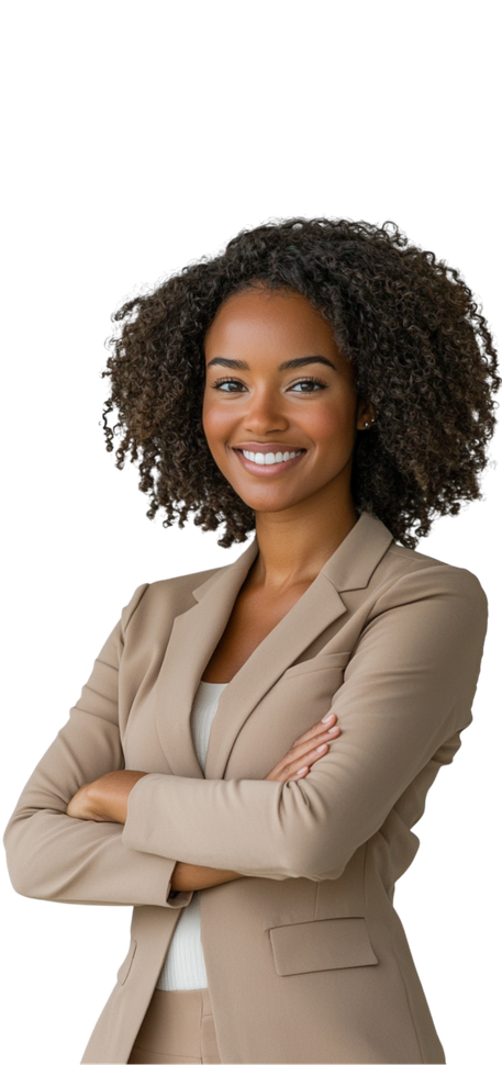 Woman in a tan business suit smiles with arms crossed.