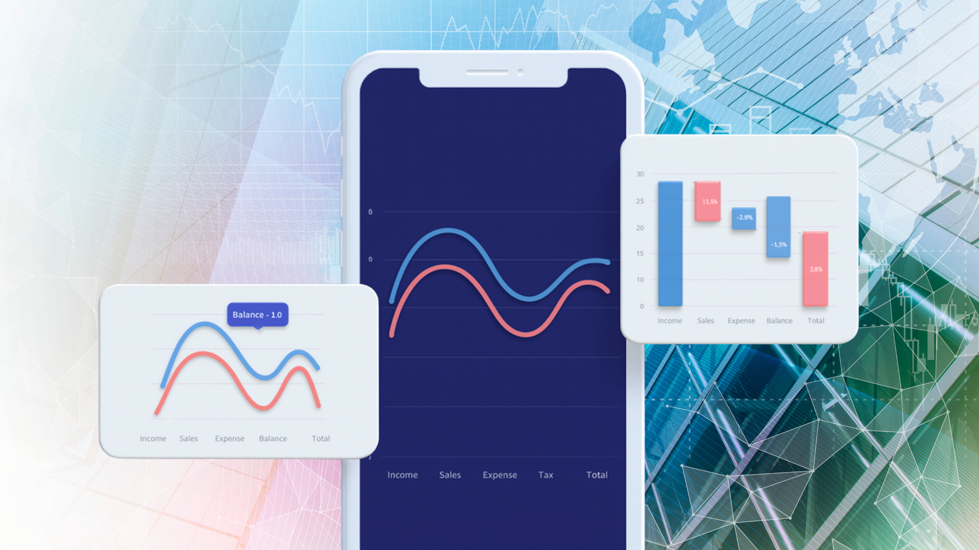 Smartphone displaying data charts: line graphs (red/blue), bar graph (blue/red), on a light background.
