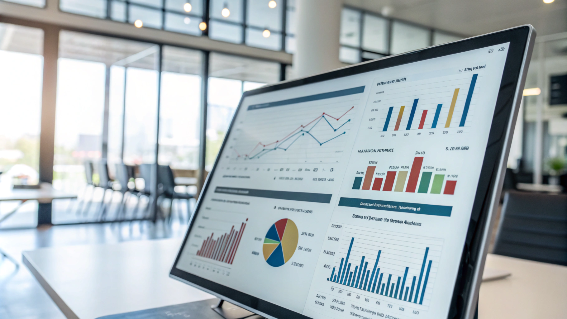 Desktop computer displaying various financial charts and graphs in an office setting.