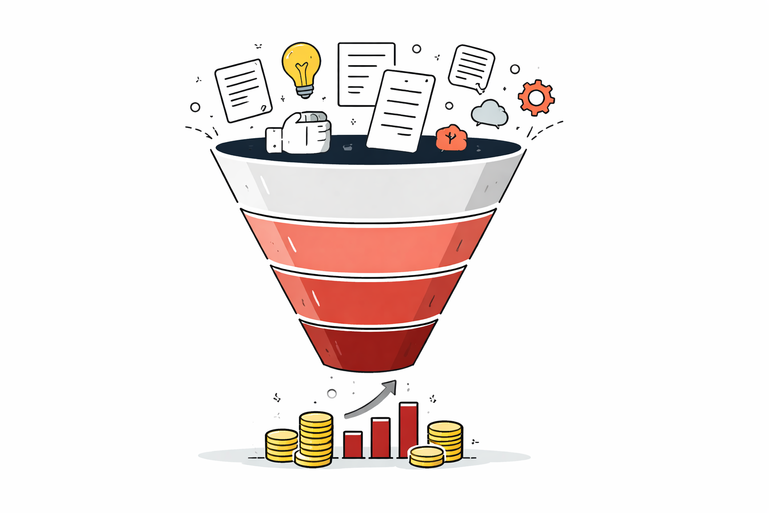 A funnel showing documents, ideas, and data being processed into money and growth.
