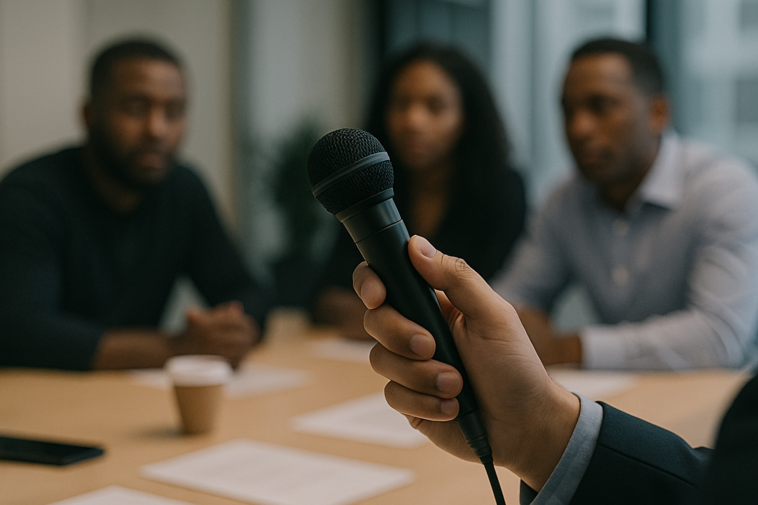 Hand holding a microphone, facing three people seated at a table, likely in an interview or meeting.