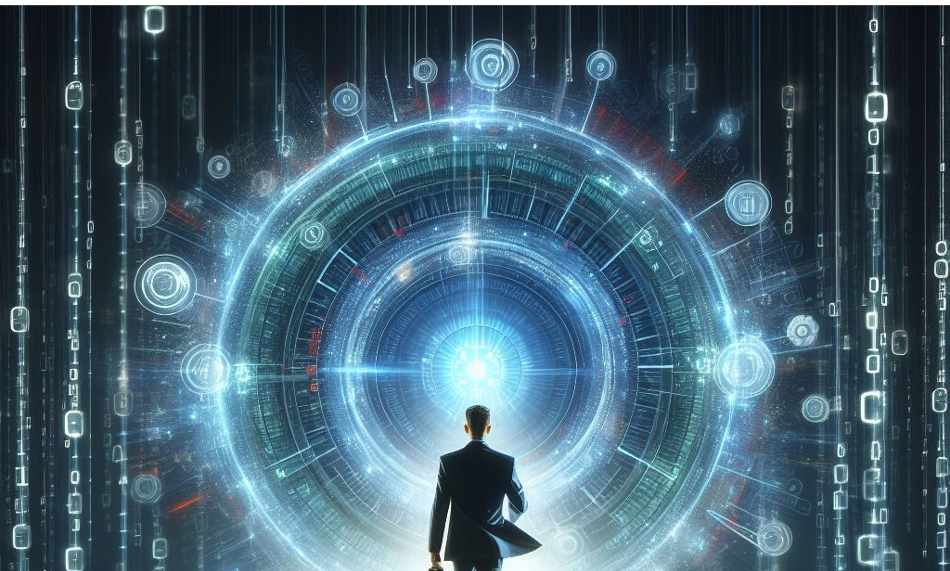 Person facing bright digital portal with binary code streams.