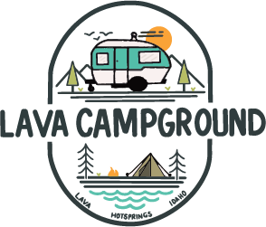 Lava Campground logo with an RV, tent, trees, sun, and lava hot springs text
