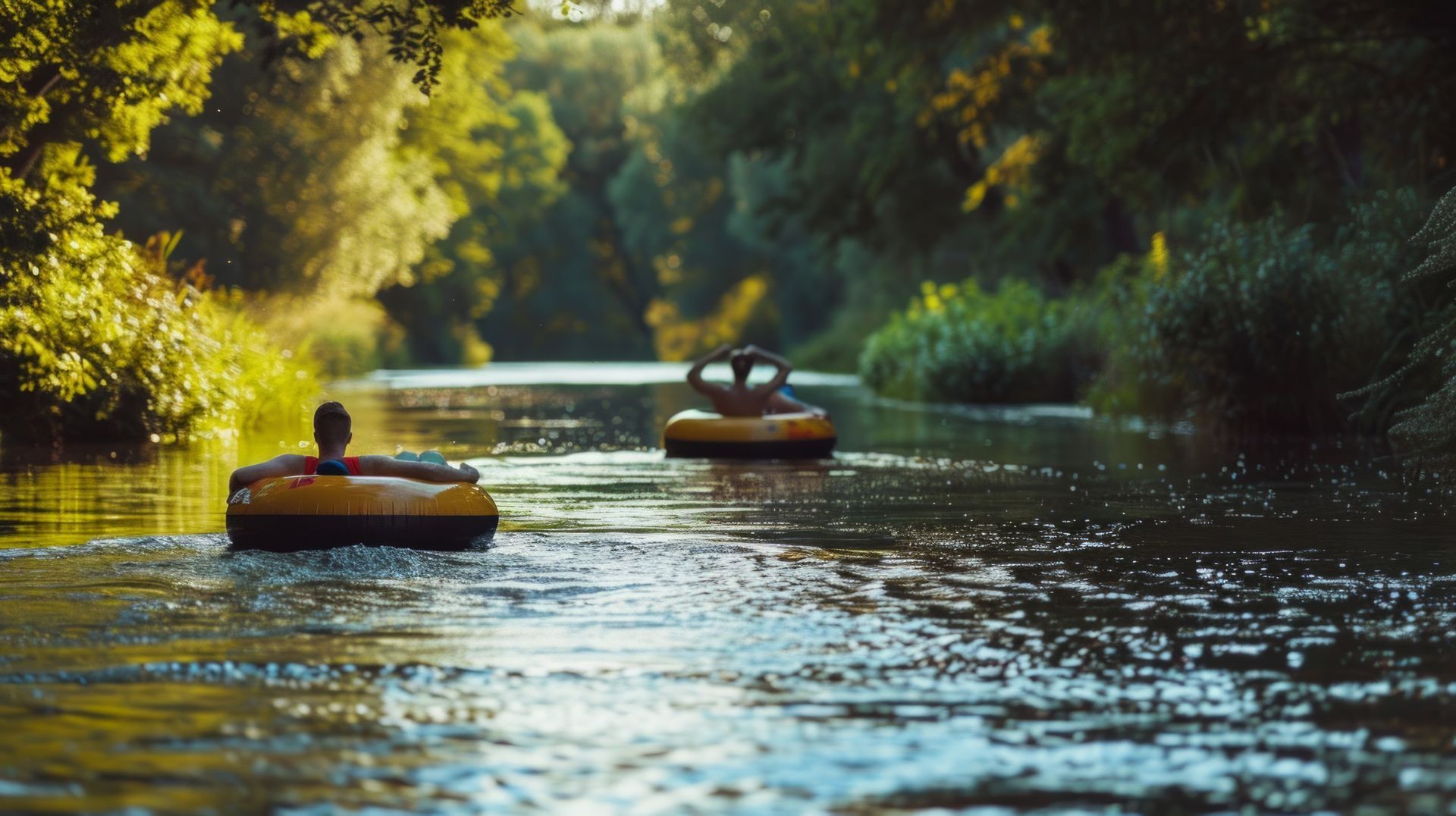 Two people floating in inner tubes on a calm river surrounded by lush green trees, sunlight on the water