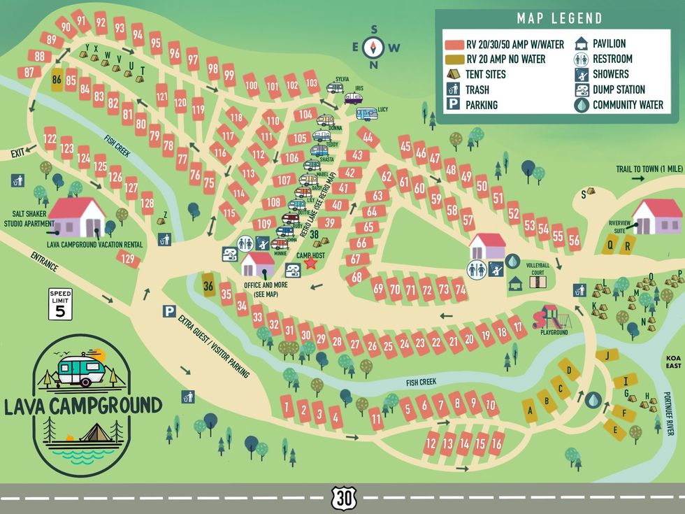 Lava Campground map with roads, campsites, river, buildings, and a legend in green and red tones