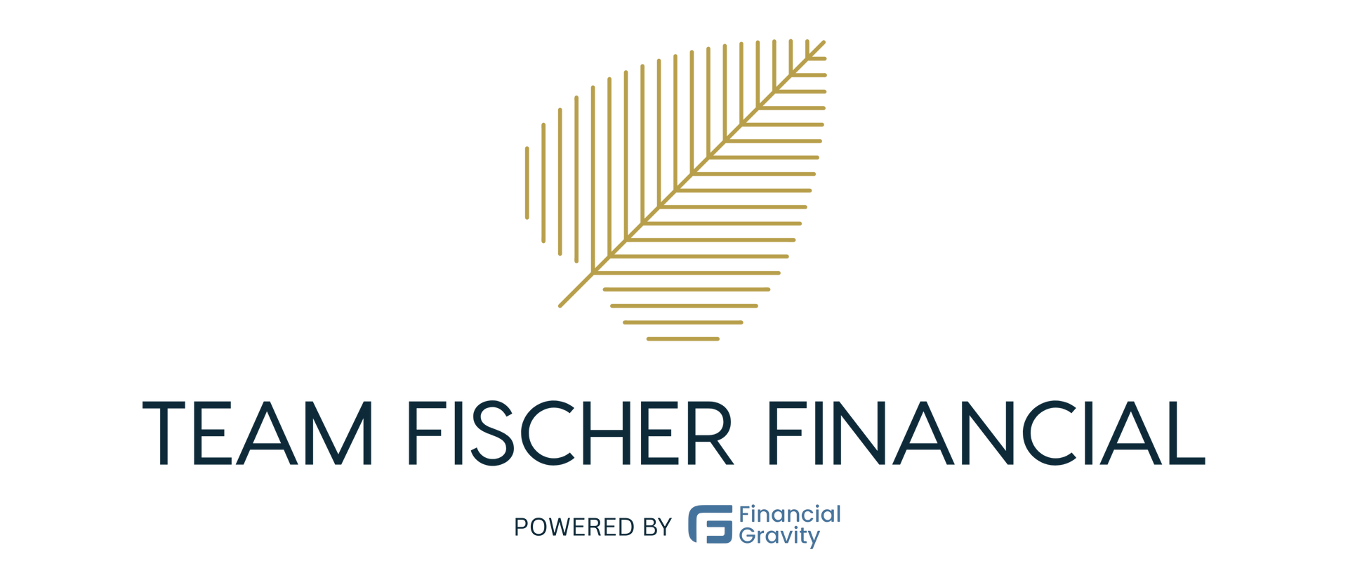 Logo for Team Fischer Financial featuring a gold line-art leaf above the text, powered by Financial Gravity.