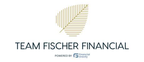 Logo for Team Fischer Financial featuring a gold line-art leaf above the text, powered by Financial Gravity.