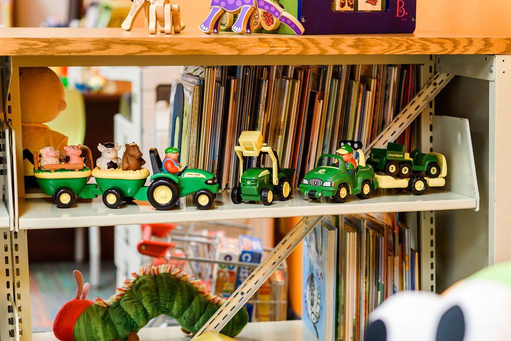 A shelf lines with books and toys