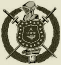 Coat of arms with helmet, swords, wreath, and Greek letters.