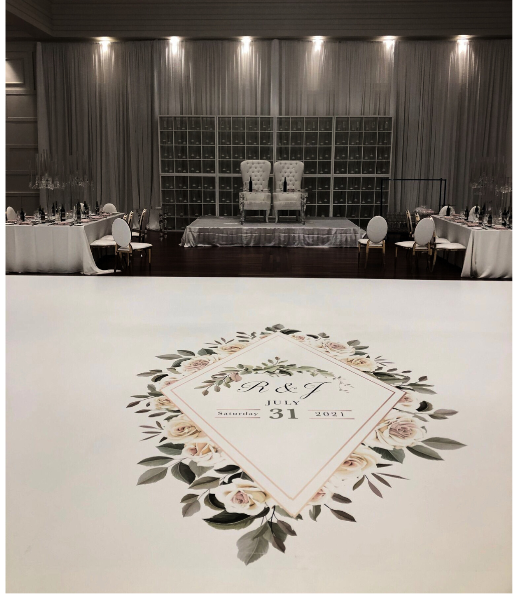 A wedding reception with tables and chairs and a dance floor