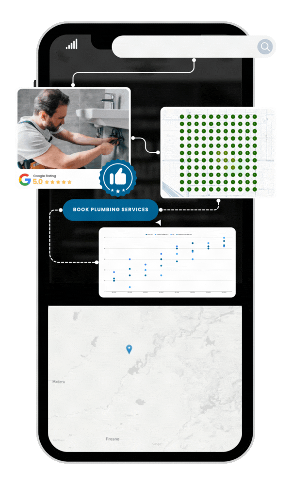 A phone displays a plumbing app with a plumber, map, and schedule.