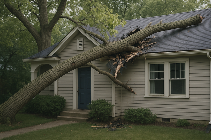 damaged roof, tree in roof