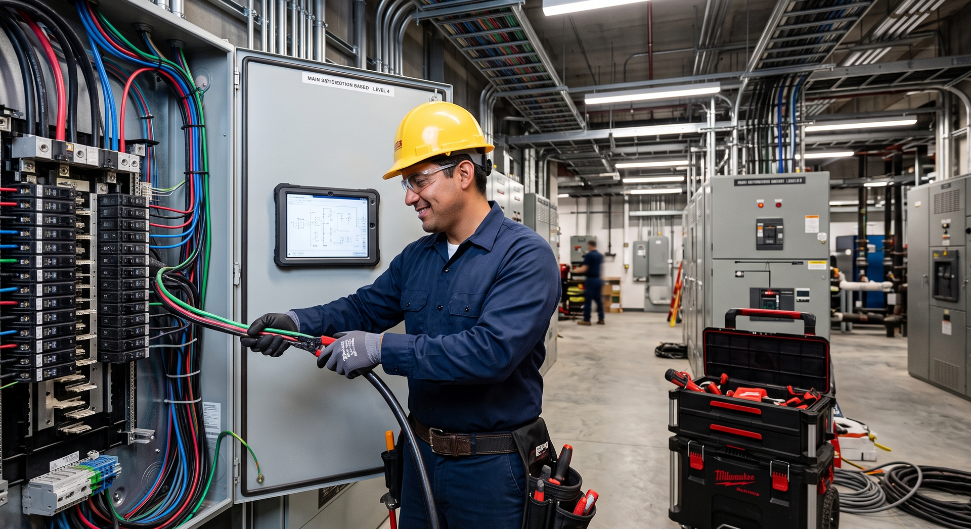 Technician in a hard hat working on electrical panels in an industrial facility