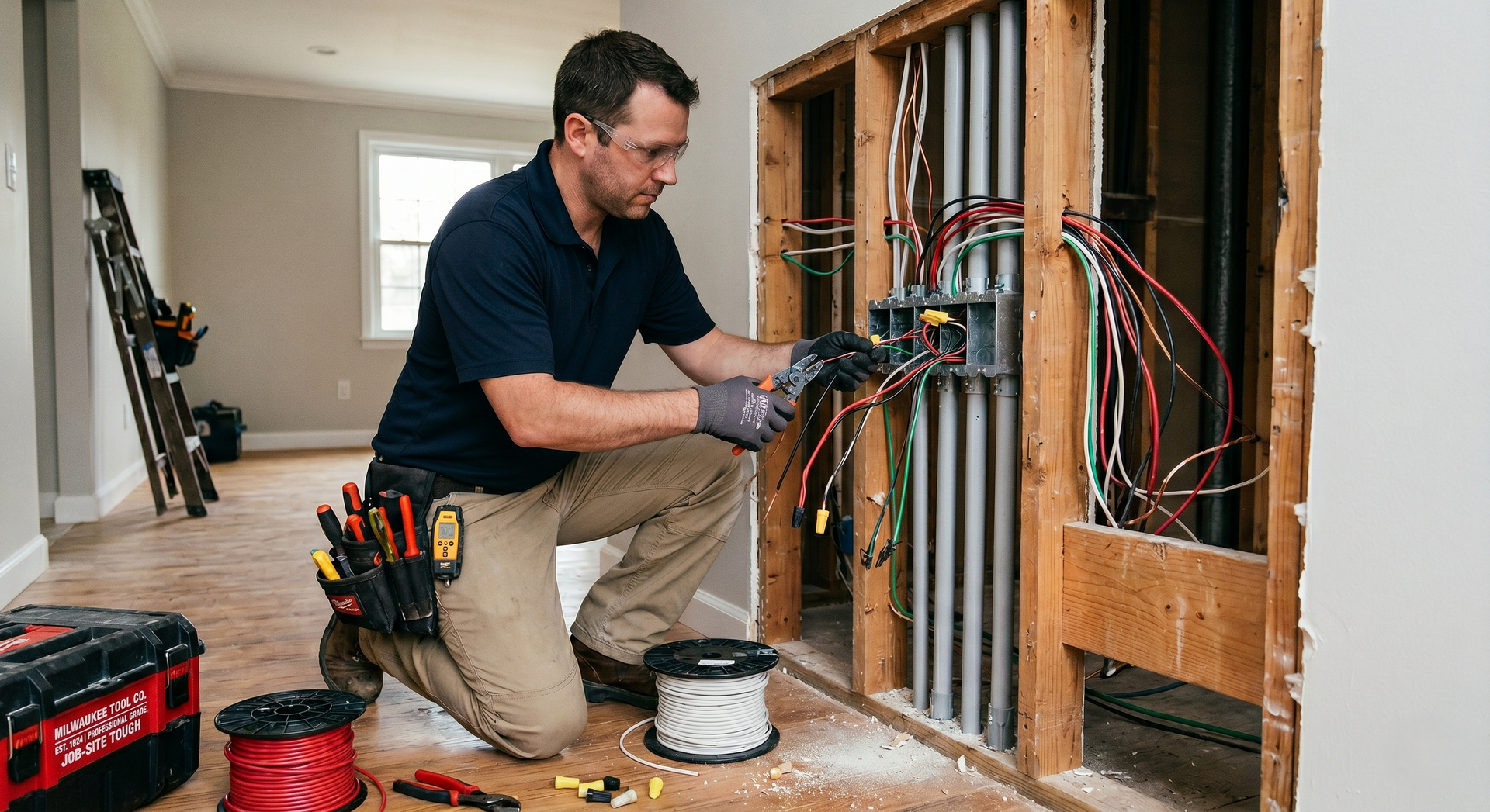 Electrician kneeling by exposed wall wiring, using tools in an unfinished room.