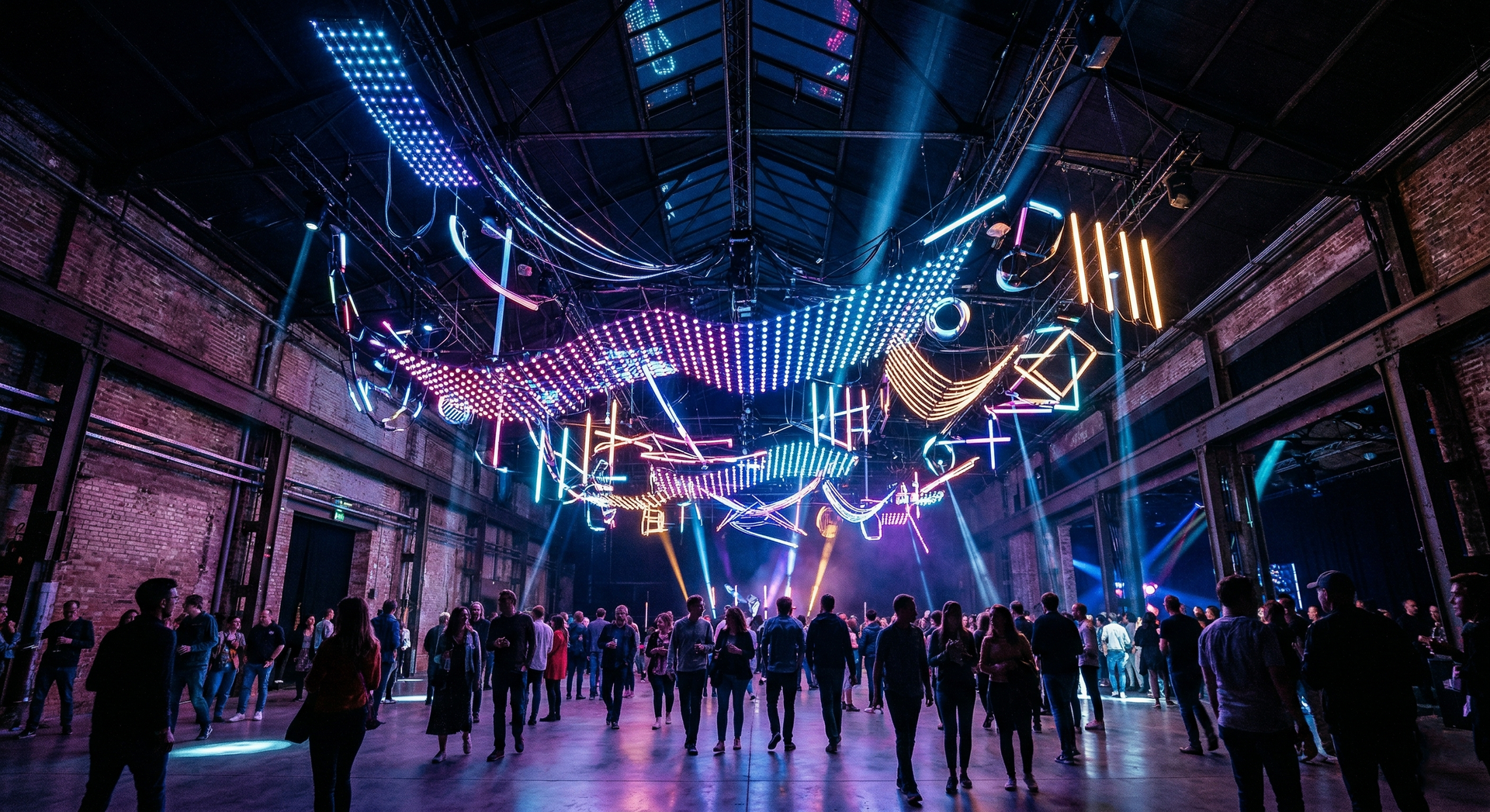 Crowd under neon lights in a futuristic indoor street scene