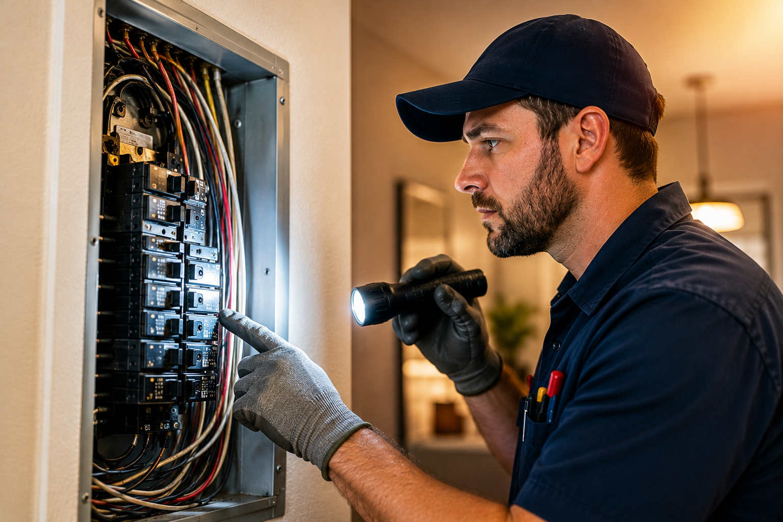 Electrician inspecting wiring in an open circuit breaker panel with a flashlight and screwdriver