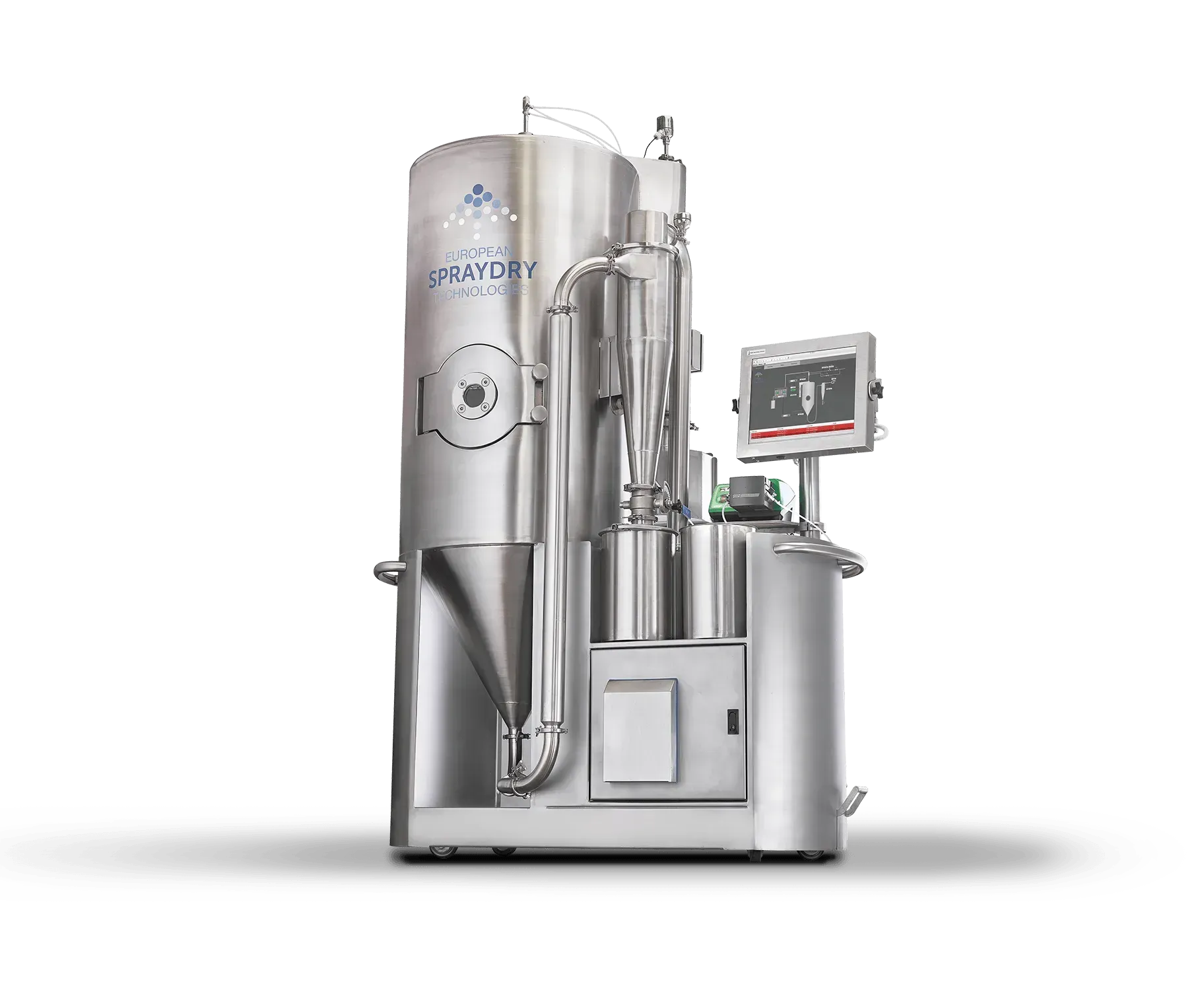A large stainless steel tank with a monitor on top of it.