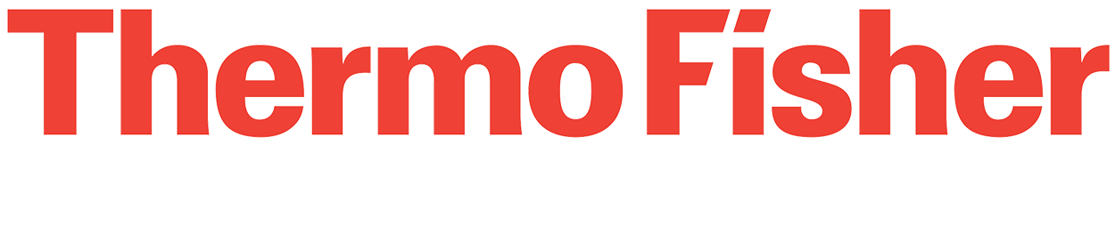 The logo for thermo fisher is red on a white background.