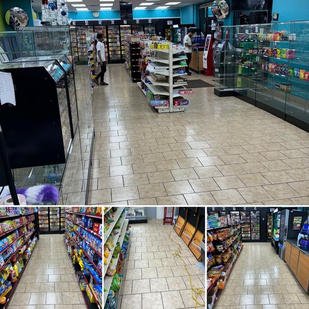 A collage of photos shows the inside of a grocery store