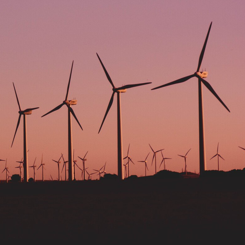 A row of wind turbines against a pink sky