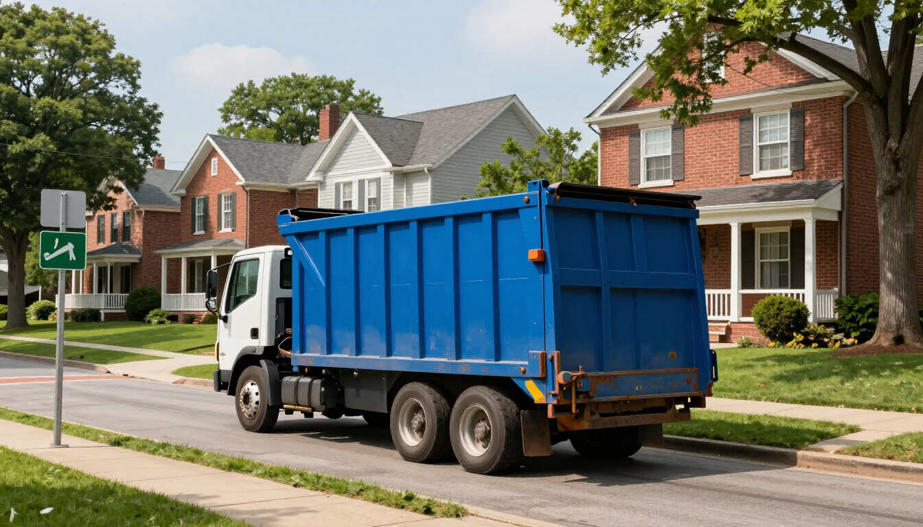 Truck delivering a dumpster